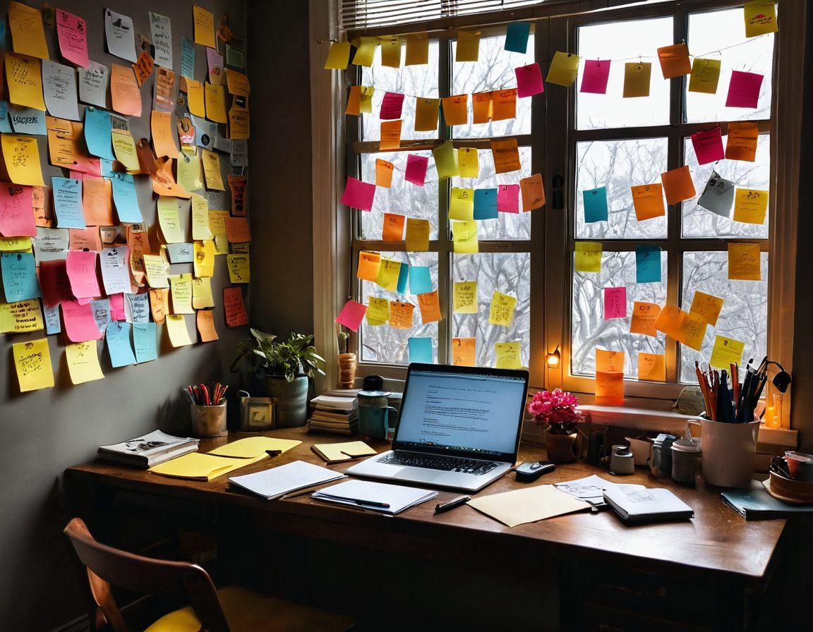 A cozy, inviting workspace with a writer at a desk surrounded by colorful sticky notes that represent interactive elements, like polls and quizzes. The walls are adorned with inspiring literary quotes and illustrations of stories unfolding, creating a magical atmosphere. The desk is cluttered with a laptop, coffee cup, and sketches, emphasizing the creative process. Light streams in through a window, highlighting the vibrant colors. vibrant colors. soft focus.