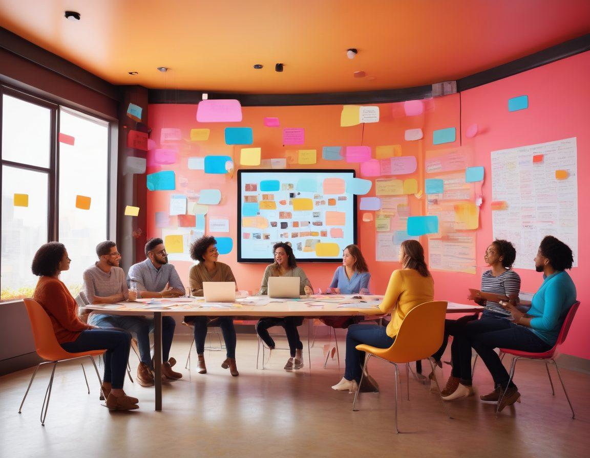 A captivating scene of a diverse group of people engaged in a lively discussion around a large digital screen displaying interactive blog elements, with colorful speech bubbles and sticky notes flying around. The atmosphere should convey excitement and creativity, with various tools like pens, laptops, and tablets scattered on a modern table. Bright, inviting colors and a lively, welcoming space should enhance the storytelling theme. super-realistic. vibrant colors. 3D.