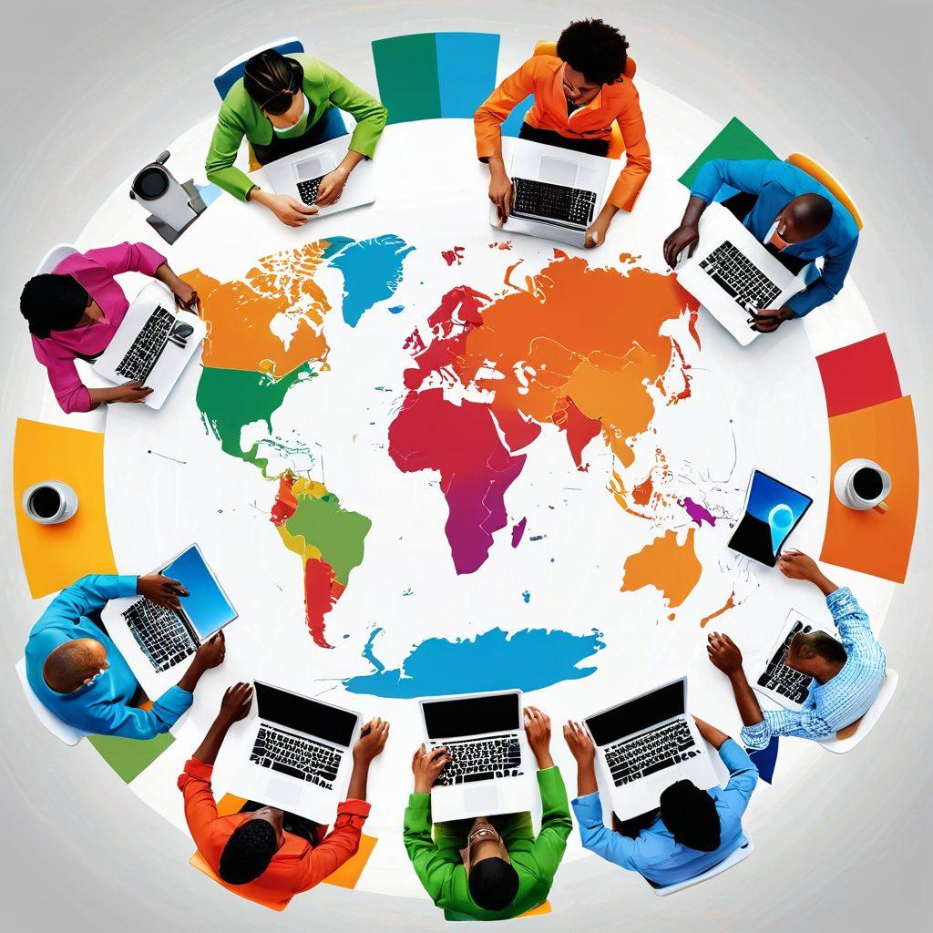 An illustration of diverse individuals working together at a round table, each with their own laptops, sharing their blogs and experiences. A colorful digital world map in the background symbolizes the global reach of online communities. Warm, inviting colors enhance the sense of collaboration and connection. super-realistic. vibrant colors. white background.